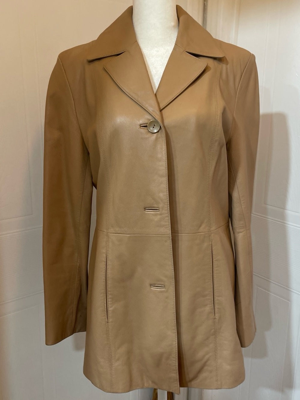 Nine West Womens Tan Leather Button-Front Coat